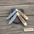 Damascus Stag Lockback Folding Knife Set of 2 Synthetic Stag Handle Brass Bolster Slip Joint EDC