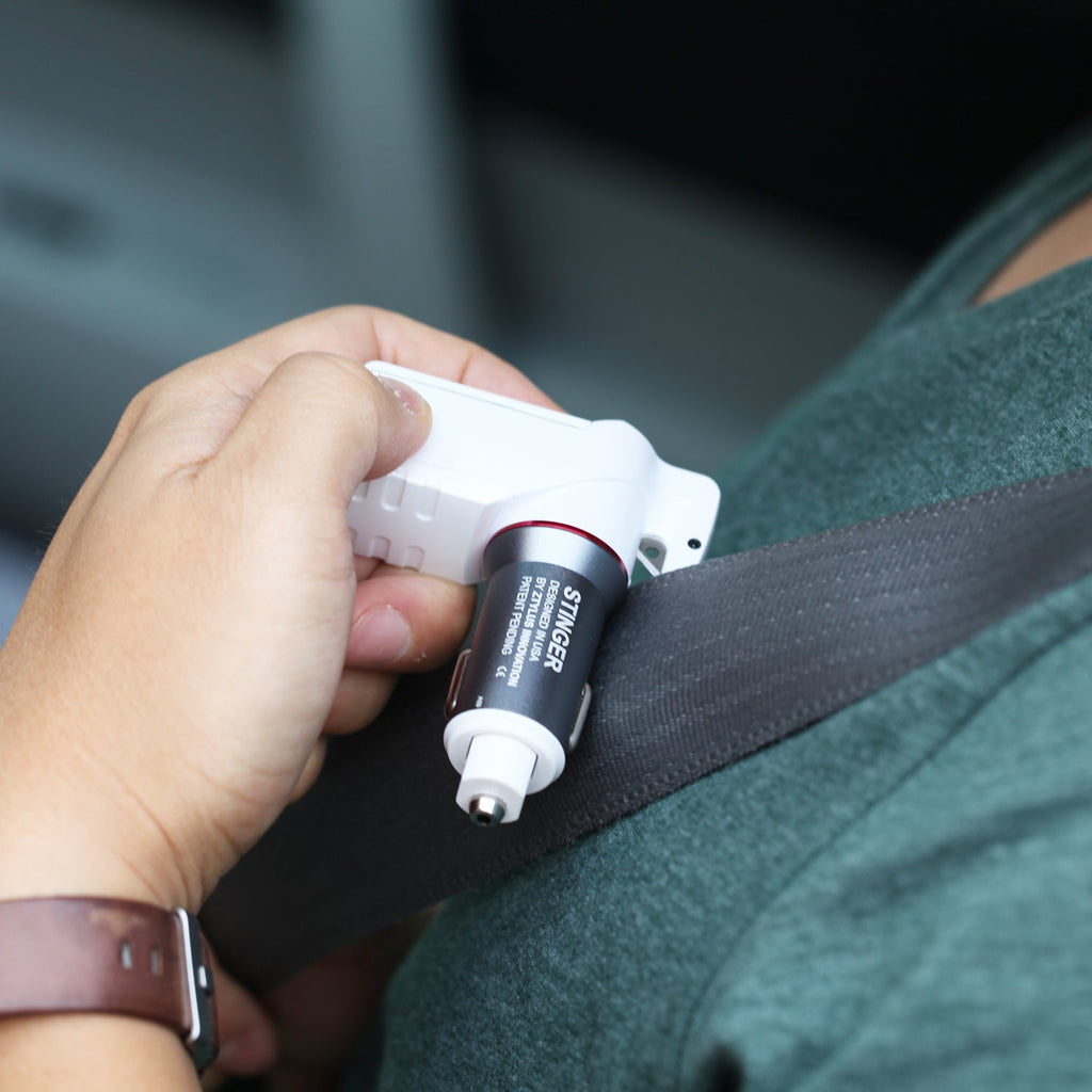 Stinger USB Car Charger Emergency Tool, Seatbelt Cutter, Spring-Loaded Car Window Breaker (White)
