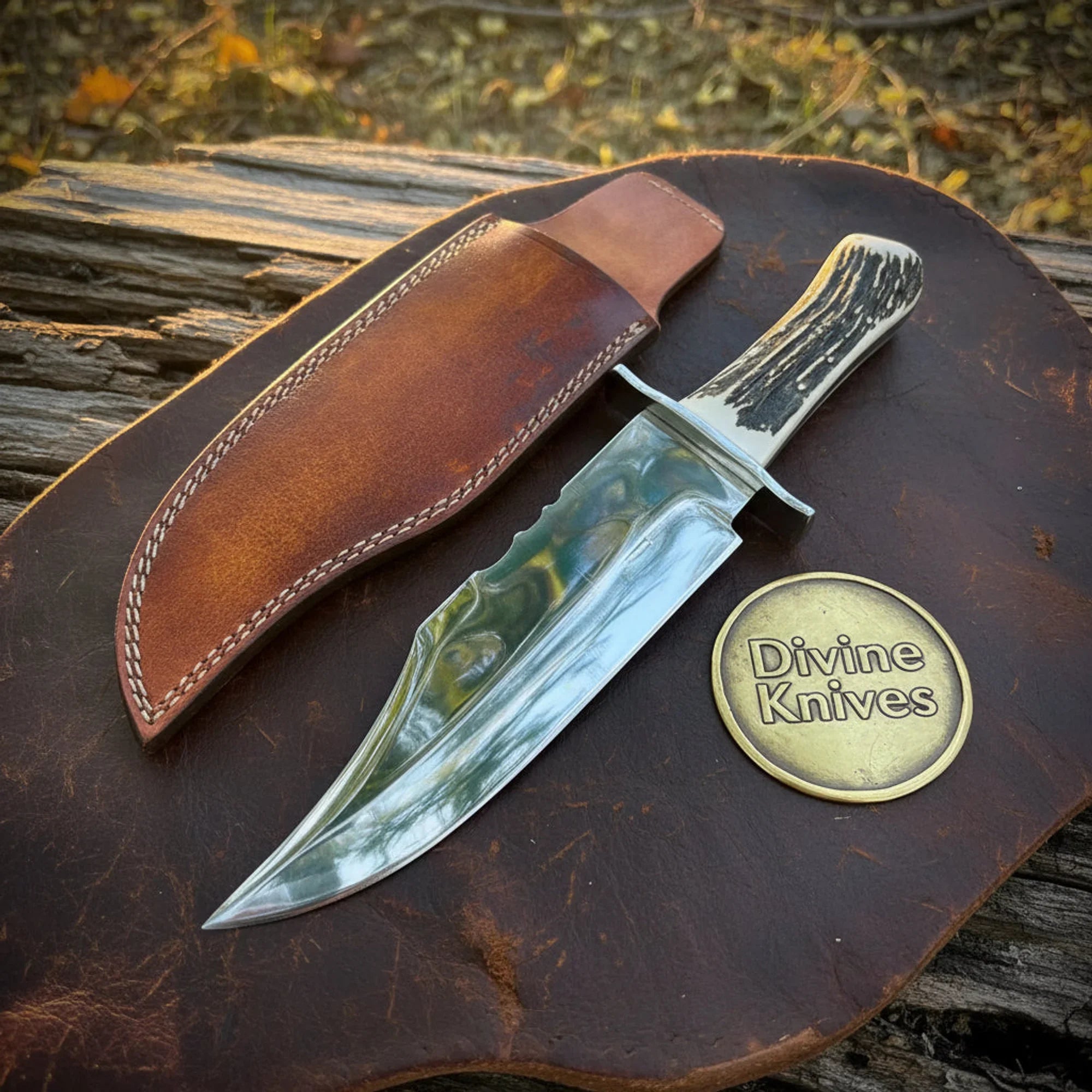 Purple Wood Handle Damascus Knife with Decorative Tooled Sheath