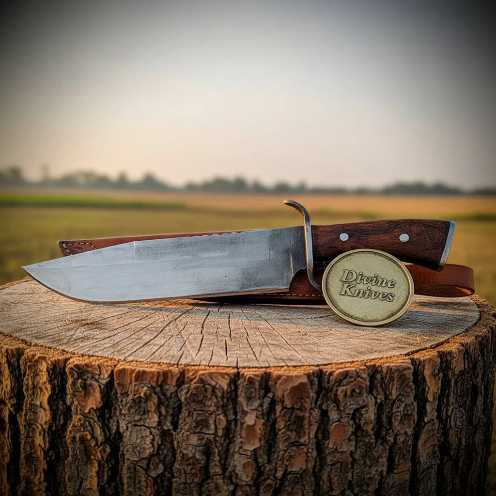 Acid Washed Damascus Knife with Wood Handle – Handcrafted Skinner with Leather Sheath