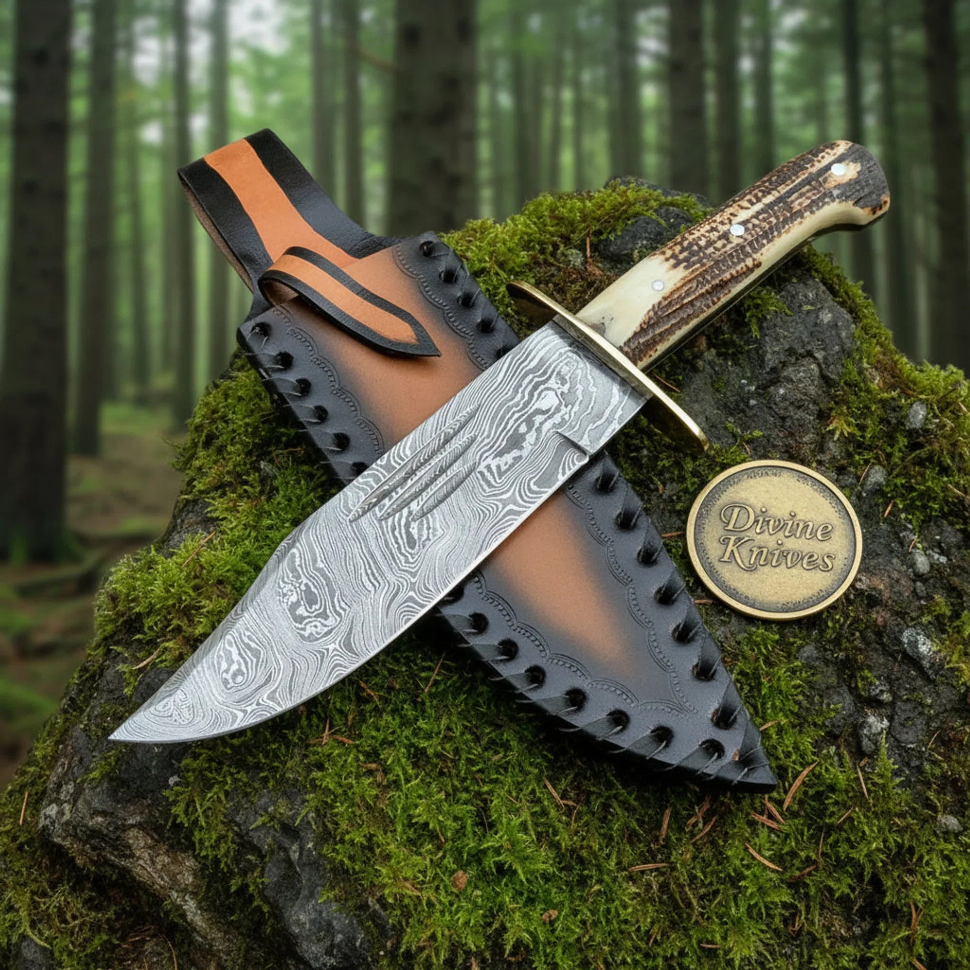 Stacked Leather Damascus Bowie Knife with Brass Fittings & Sheath – Handcrafted Frontier Collector's Knife