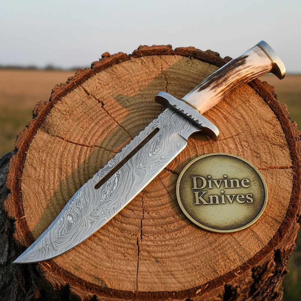 Stag Handle Damascus Bowie Knife with Laced Leather Sheath
