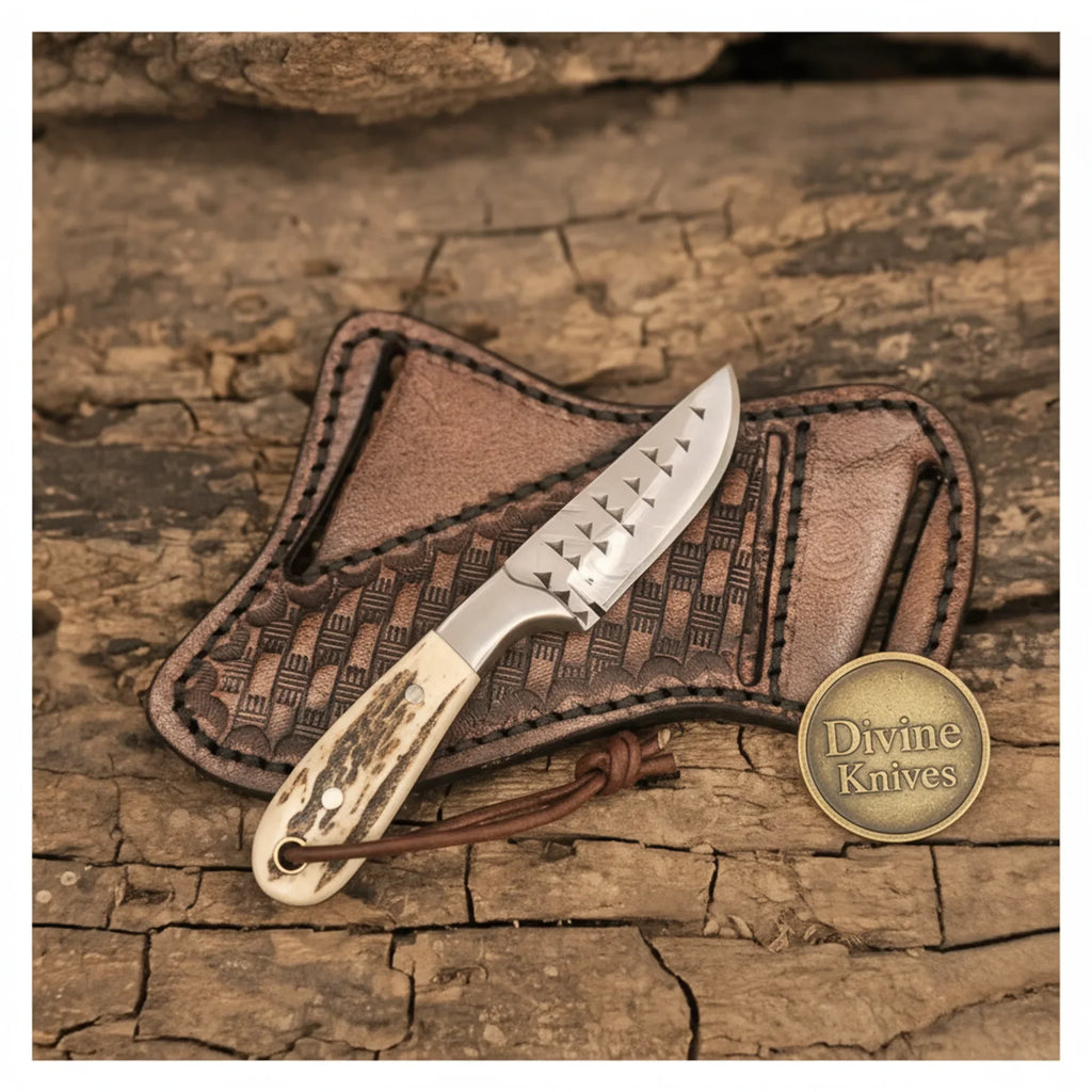 Stag Antler Damascus Bowie Knife with Belt Sheath – Handcrafted Hunting & Collector's Knife