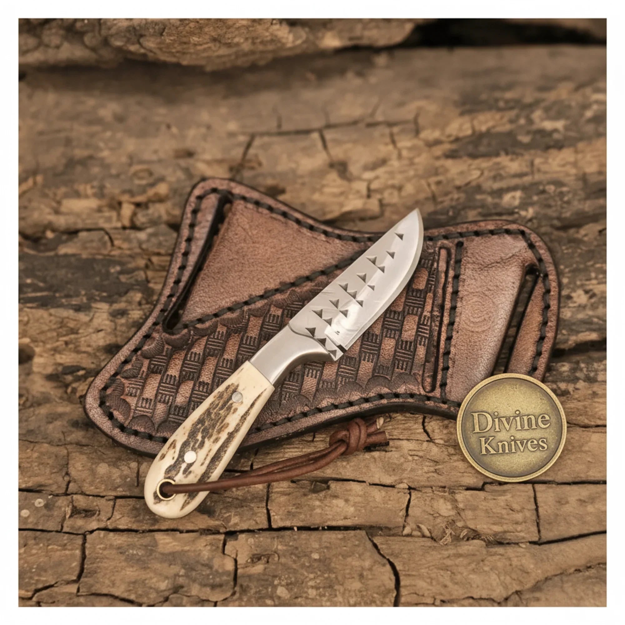 Stag Antler Damascus Bowie Knife with Belt Sheath – Handcrafted Hunting & Collector's Knife