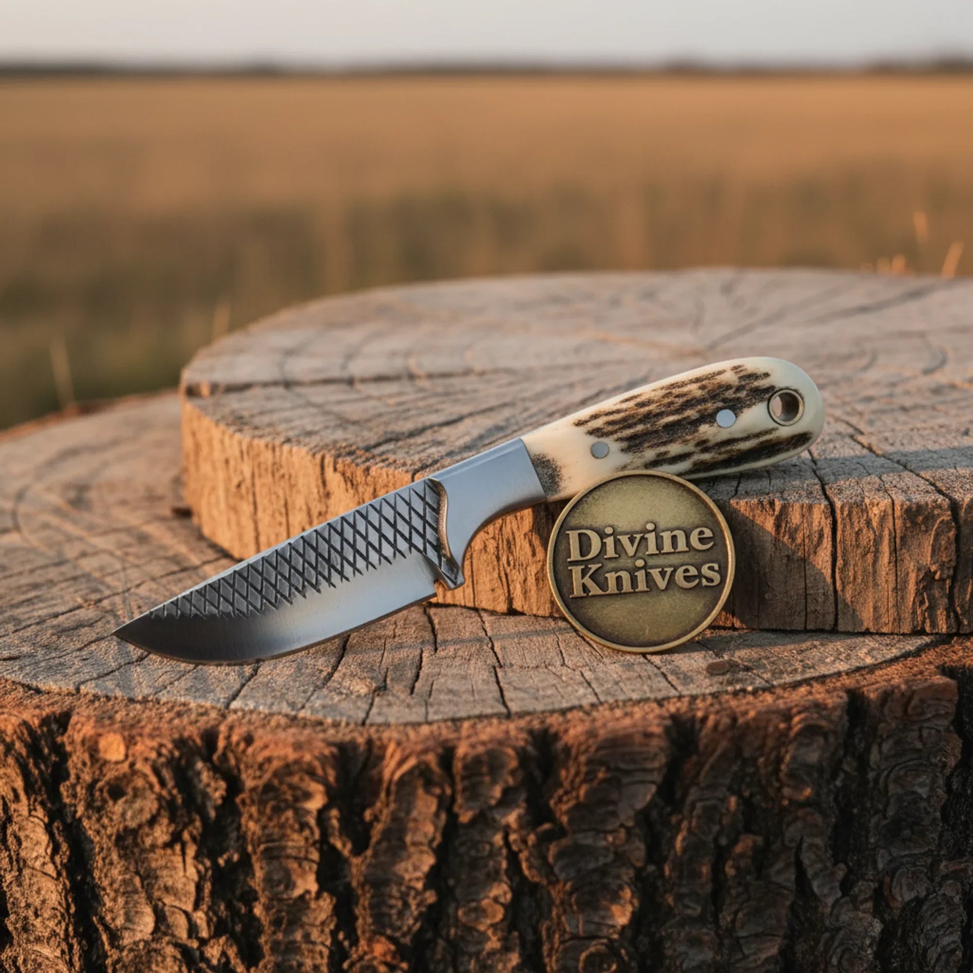 Stag Antler Damascus Bowie Knife with Belt Sheath – Handcrafted Hunting & Collector's Knife