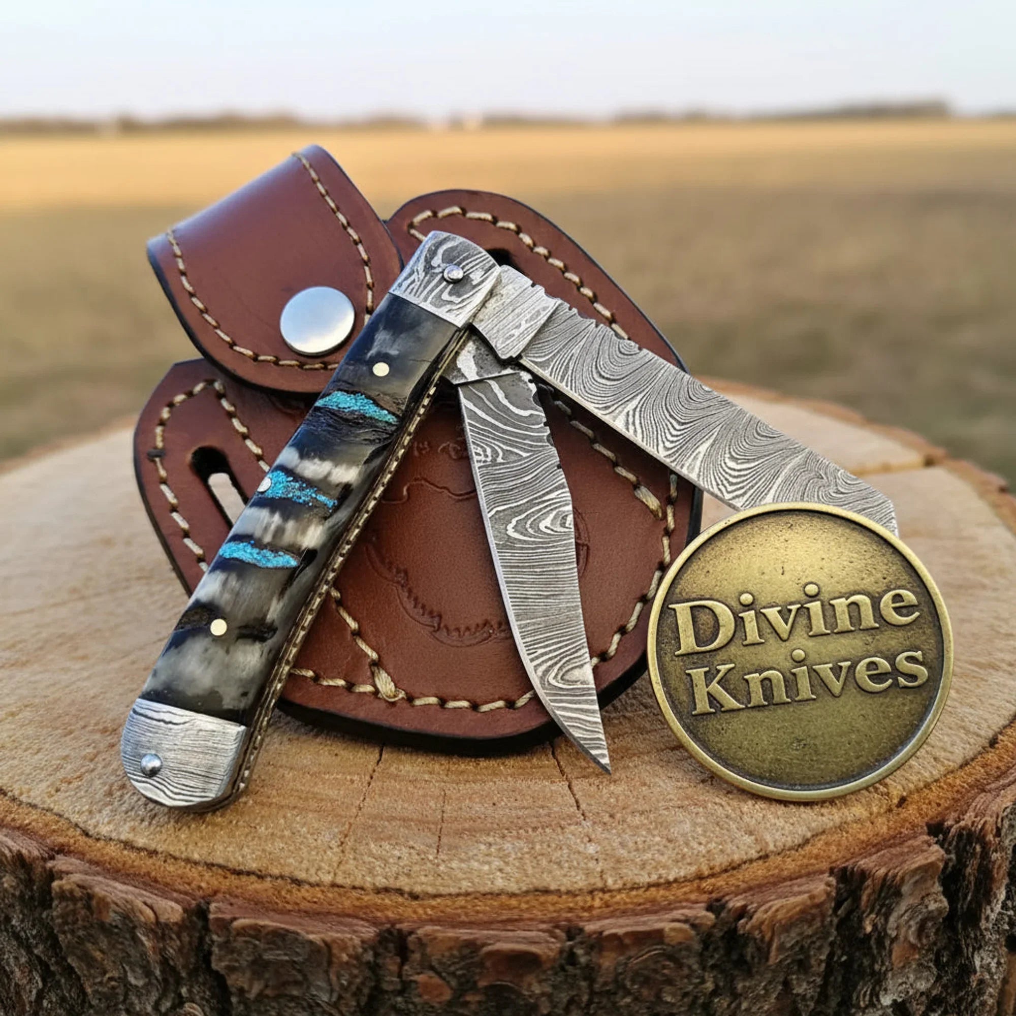 Two-Blade Damascus Trapper Knife with Ram Horn Handle – Handcrafted Everyday Carry (3–4 Inch Blades)