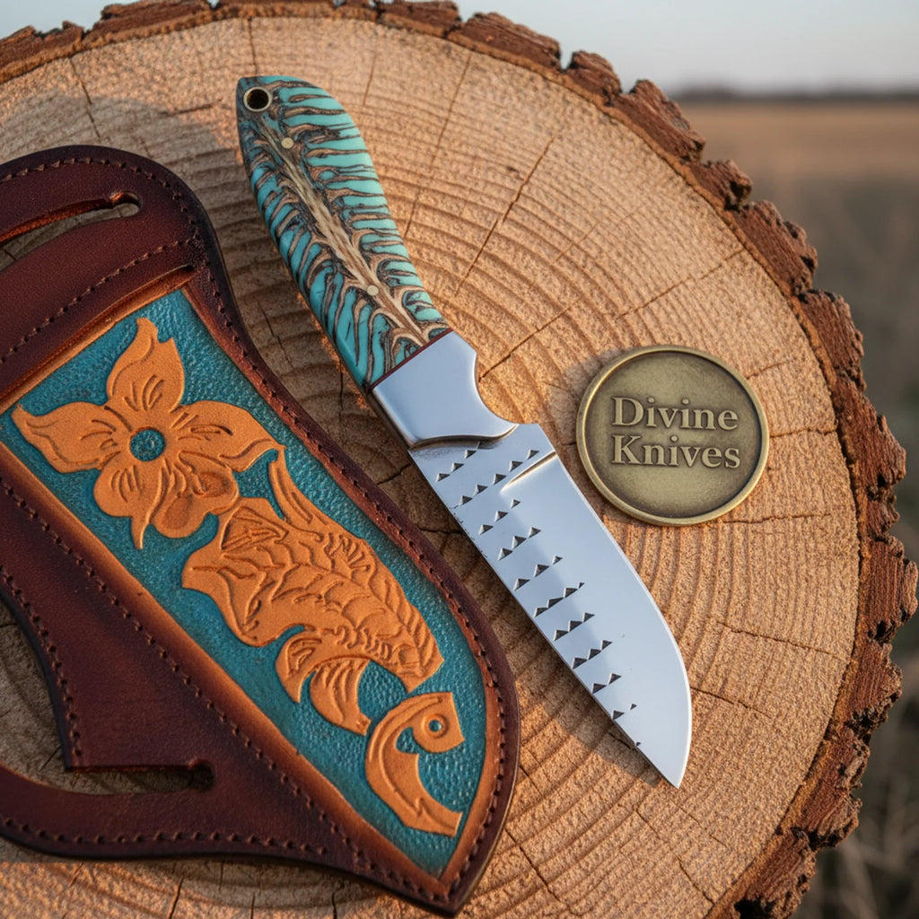 Turquoise Handle EDC Knife with Damascus Blade – Handcrafted Southwestern Pocket Skinner with Sheath
