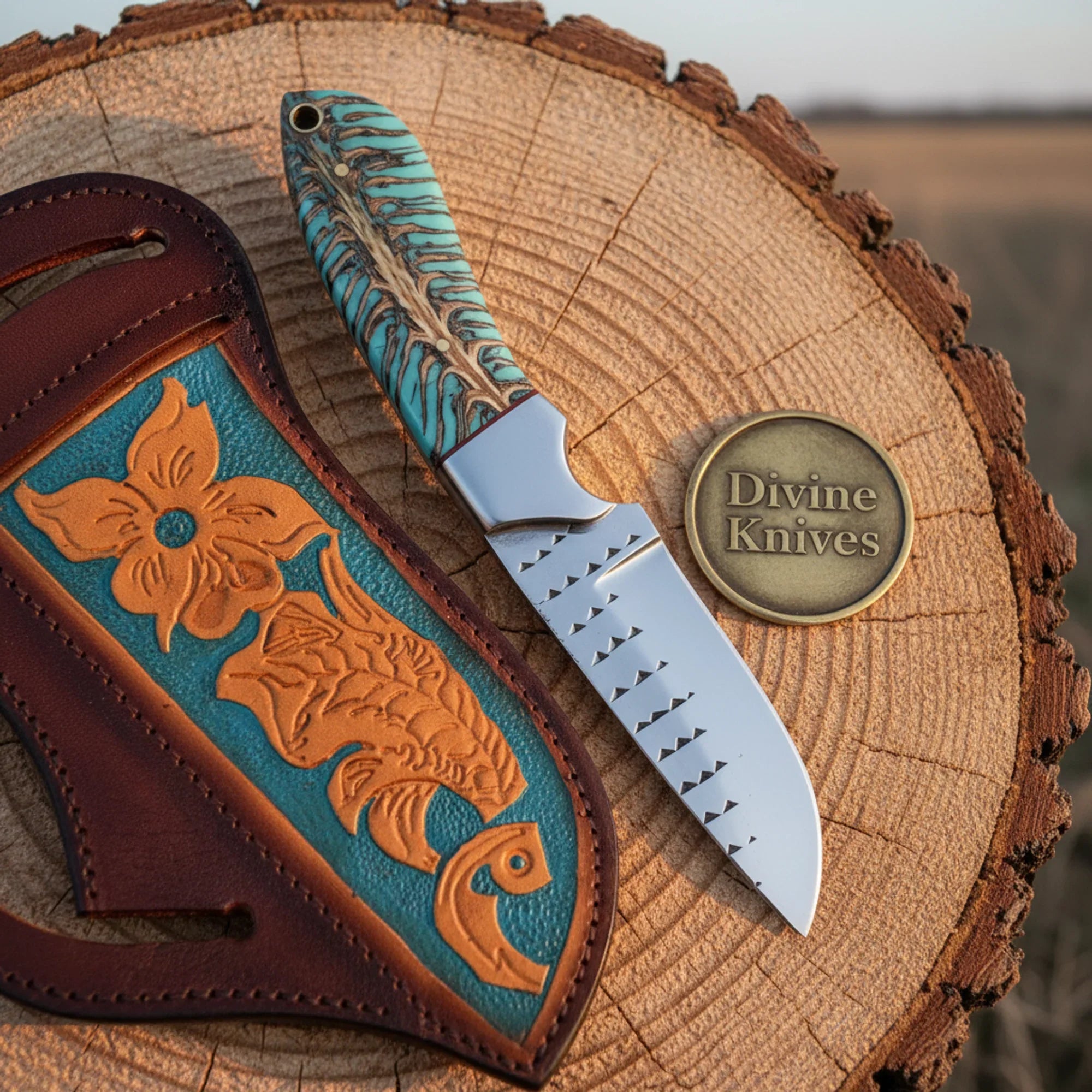 Turquoise Handle EDC Knife with Damascus Blade – Handcrafted Southwestern Pocket Skinner with Sheath
