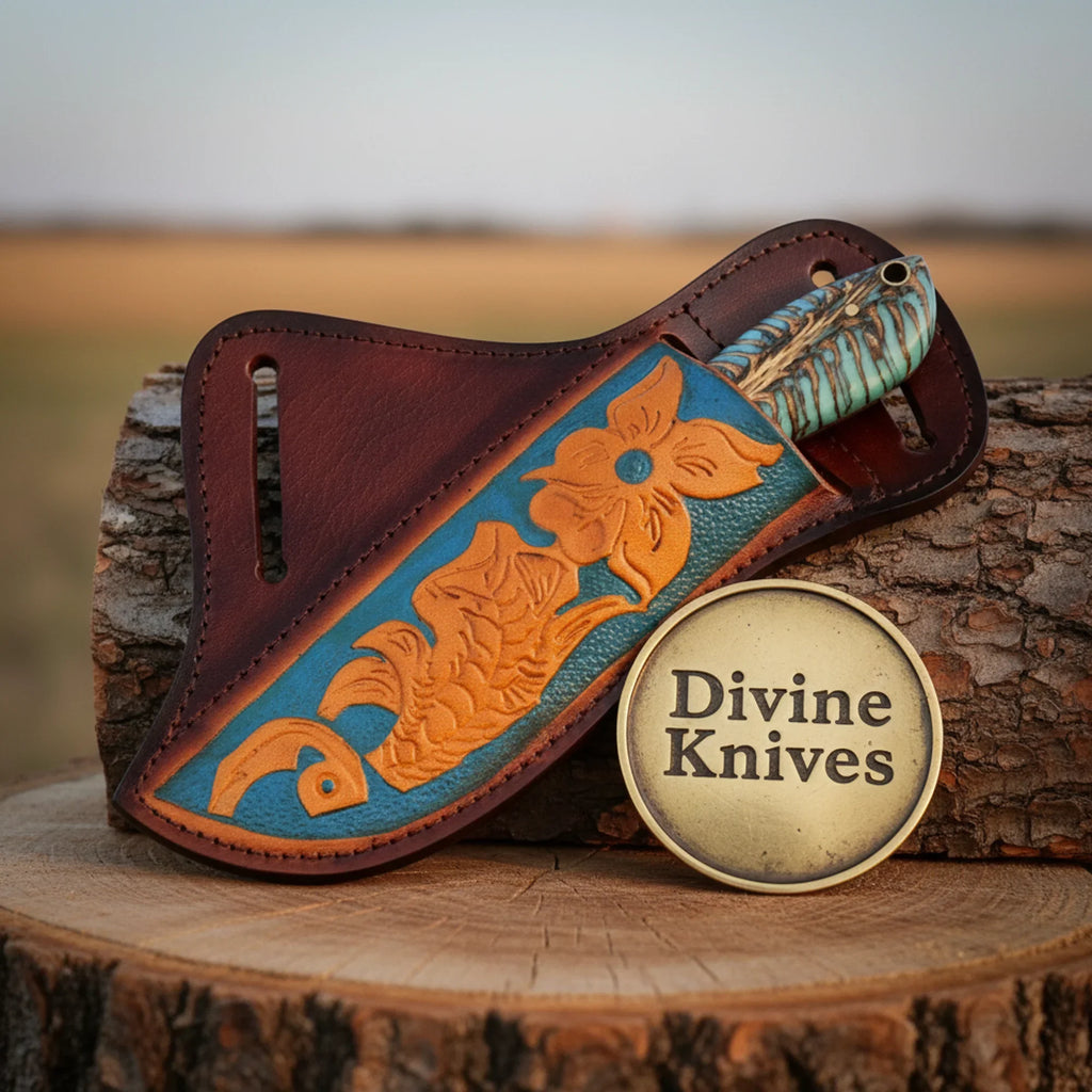 Turquoise Handle EDC Knife with Damascus Blade – Handcrafted Southwestern Pocket Skinner with Sheath