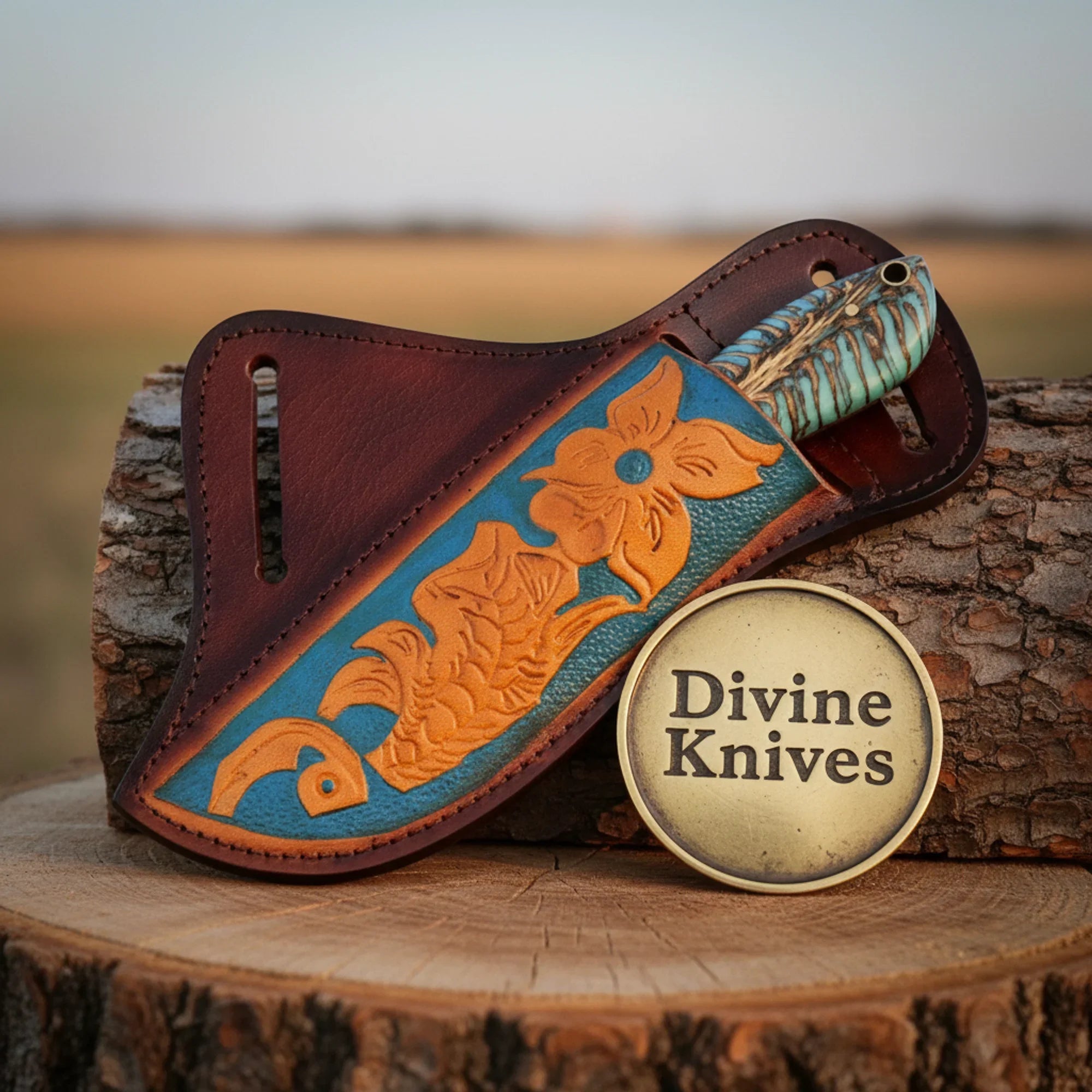 Turquoise Handle EDC Knife with Damascus Blade – Handcrafted Southwestern Pocket Skinner with Sheath