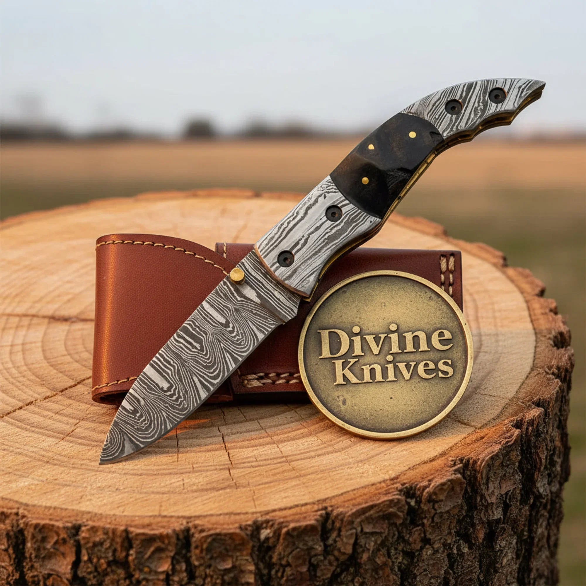 Ram Horn Handle Damascus Folding Knife with Linear Lock