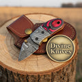 Compact Damascus Pocket Knife with Pink and Black Pakka Wood Handle