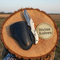 Engraved Steel Handle Damascus Folding Knife with Black Sheath