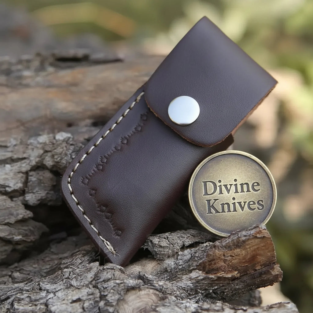 Rosewood Handle Damascus Knife with Steel Bolster and Leather Sheath