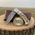 Ram Horn Handle Damascus Back Lock Knife with Steel Bolster
