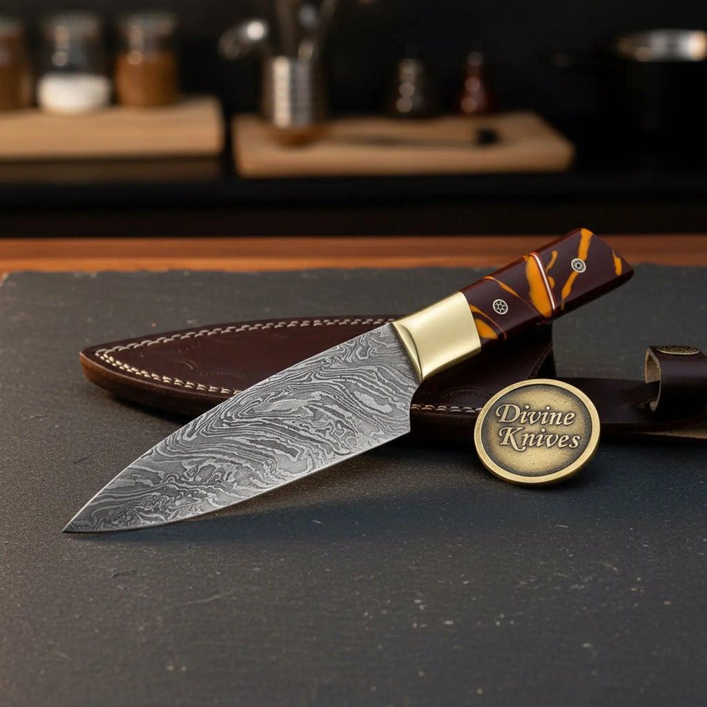 Orange Resin Handle Paring Knife with Handmade Utility for Everyday Cooking
