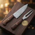Twin Damascus Hunting Knife Set with Serrated Blades and Brass Handles