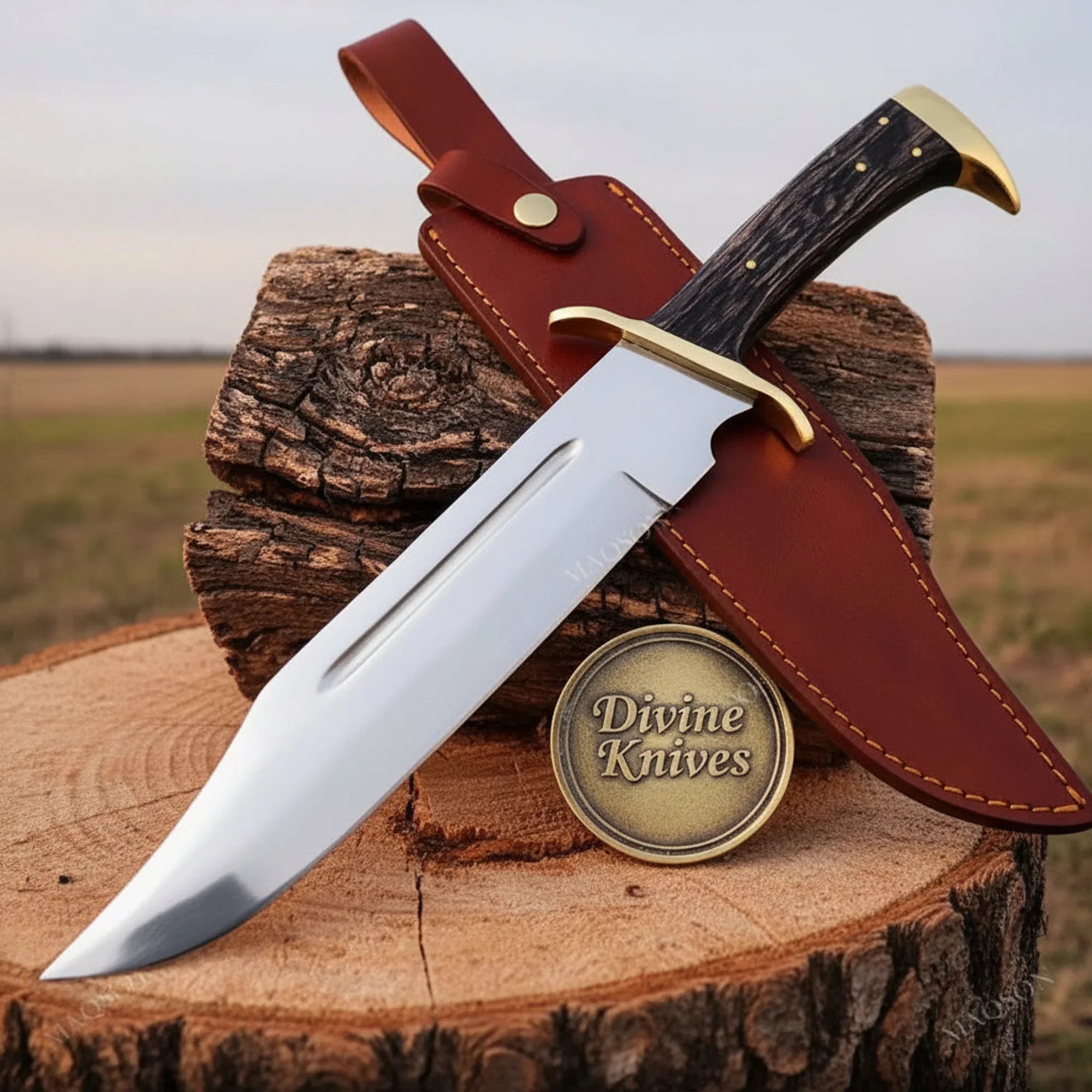 Classic Bowie Knife with Wood Handle & Brass Guard for Gifting and Display