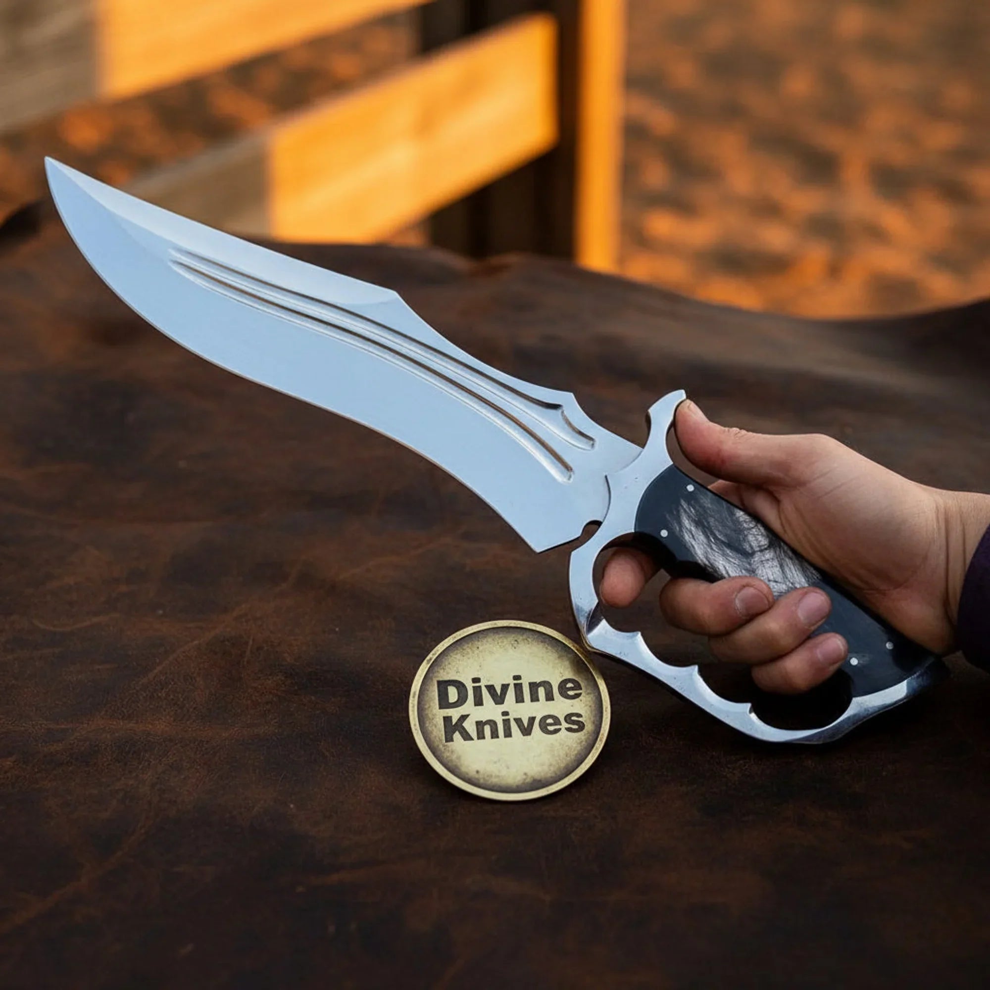 Survival-Style Bowie Knife with Knuckle Guard for Gifting and Display