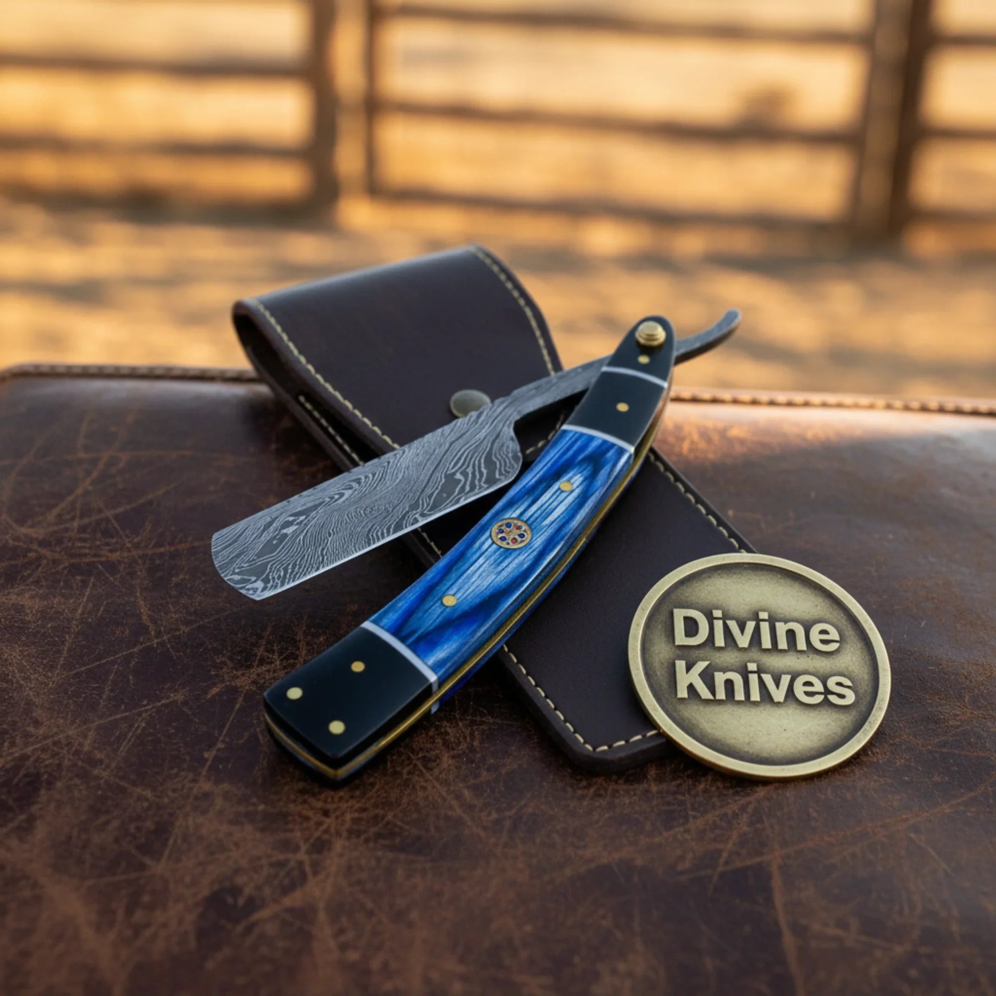 Twisted Damascus Straight Razor with Blue & Black Handle – Handcrafted Cut-Throat Razor with 4-Inch Edge