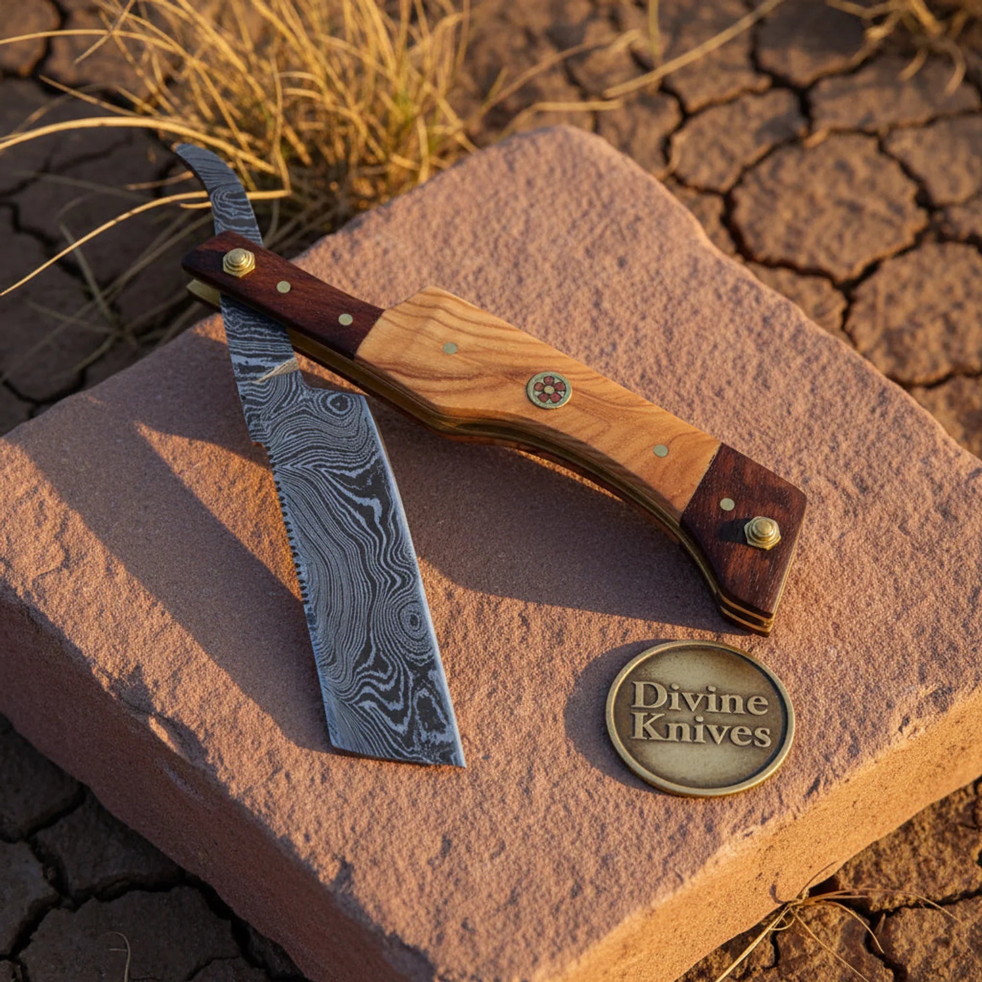 Olive & Tali Wood Damascus Straight Razor – Handcrafted Cut-Throat Razor with Brass Pins