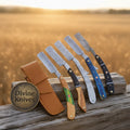 Damascus Straight Razor Set of 5 with Leather Pouch – Handcrafted Cut-Throat Razor Collection