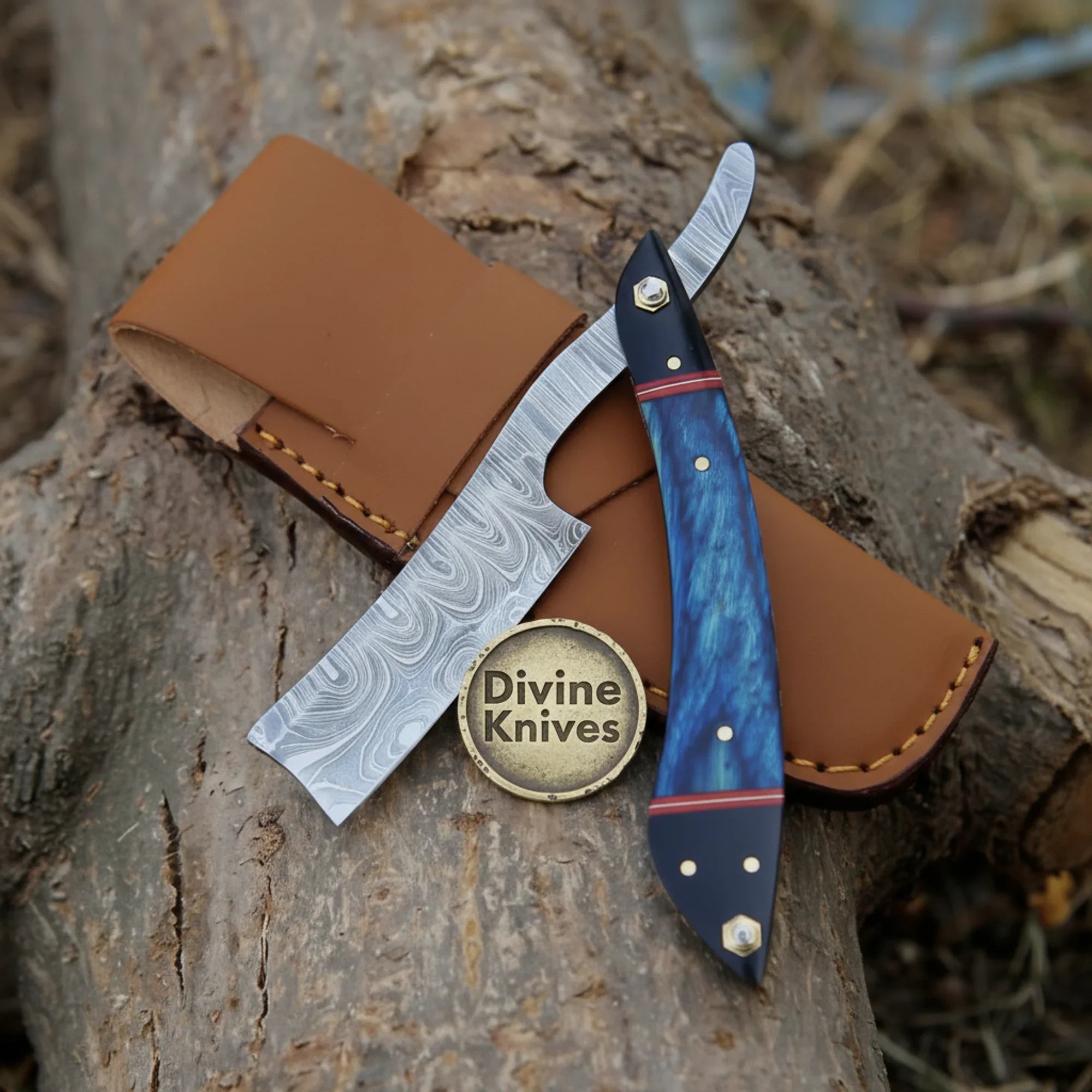 Twisted Damascus Straight Razor with Blue & Black Resin Handle – Handcrafted Cut-Throat Razor