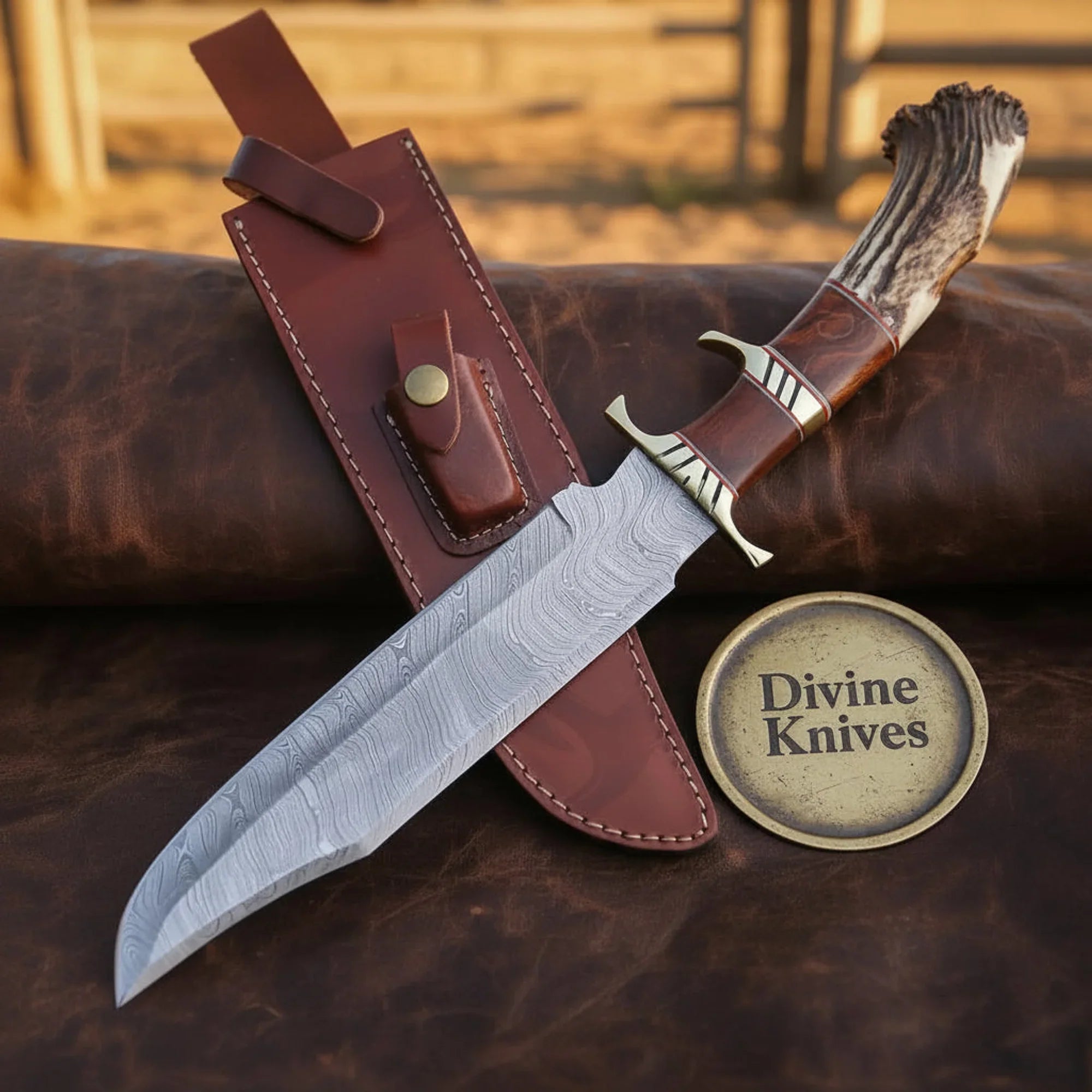 Bone Handle Damascus Bowie Knife with Handcrafted Design