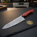 Red Pakka Wood Chef Knife with Hand-Forged Patterned Steel Blade for Everyday Slicing
