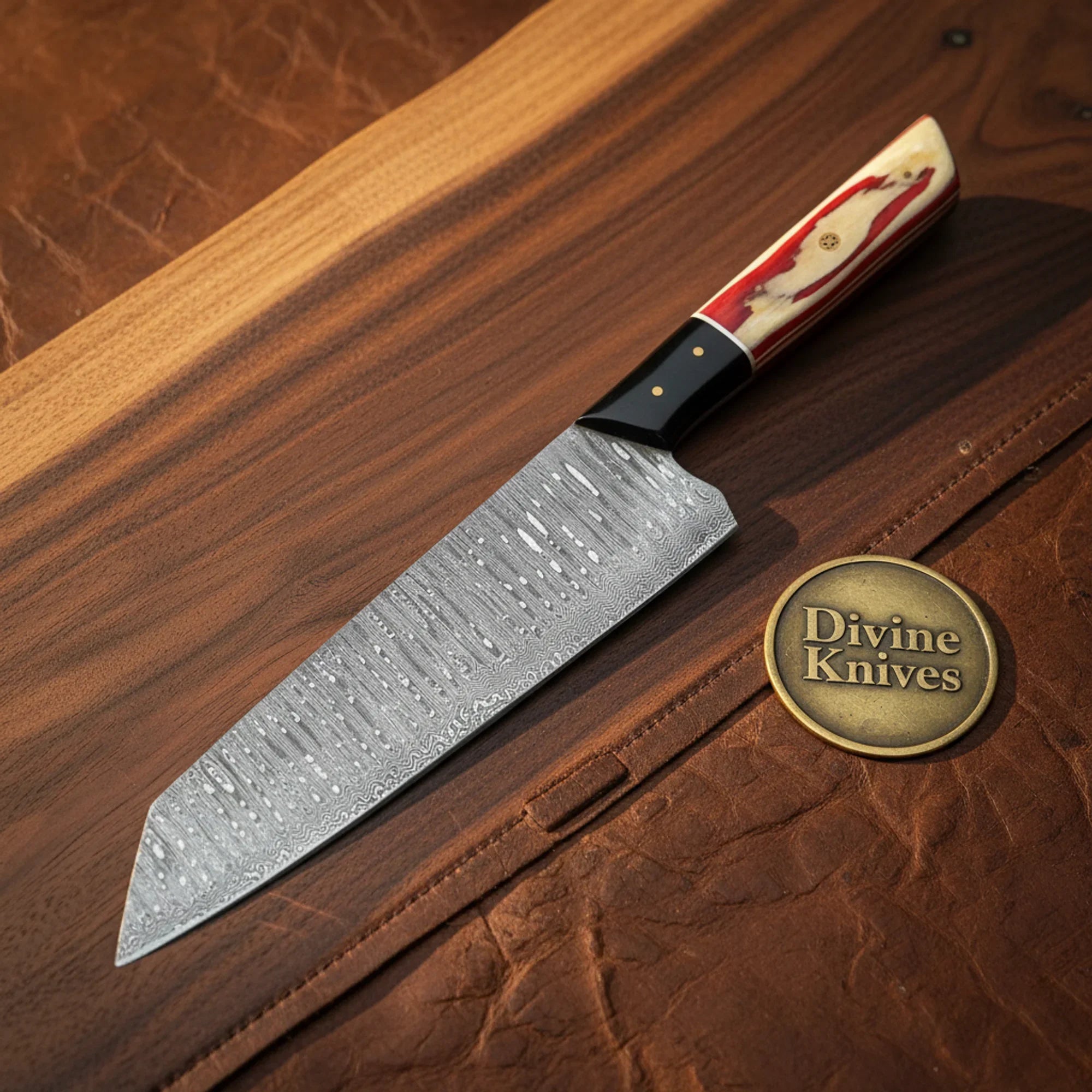 Bocote Wood Kiritsuke Chef Knife with Hammered Blade Finish for Precision Cutting