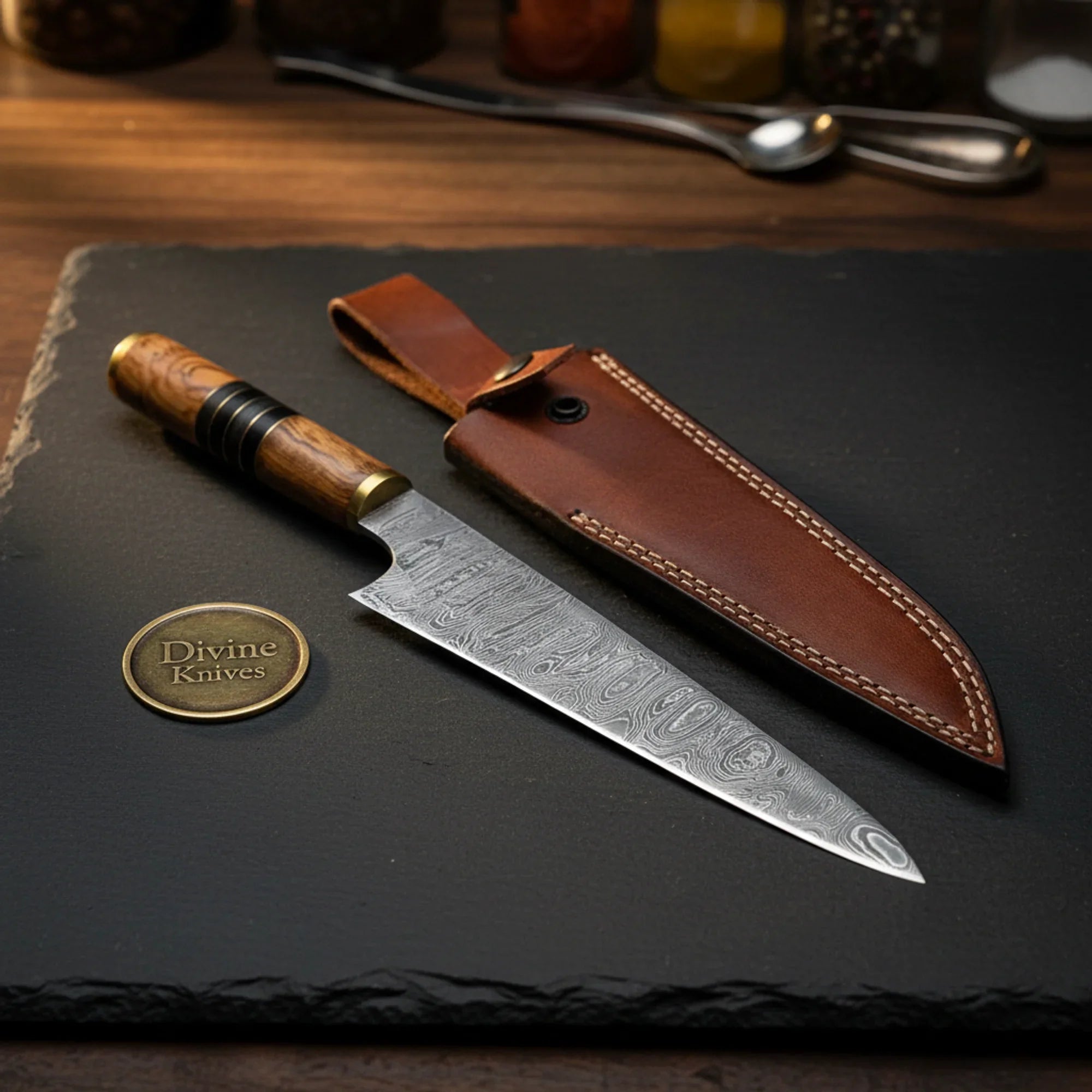 Two-Tone Wood Chef Knife with Brass Ring Accents and Leather Sheath for Everyday Cooking
