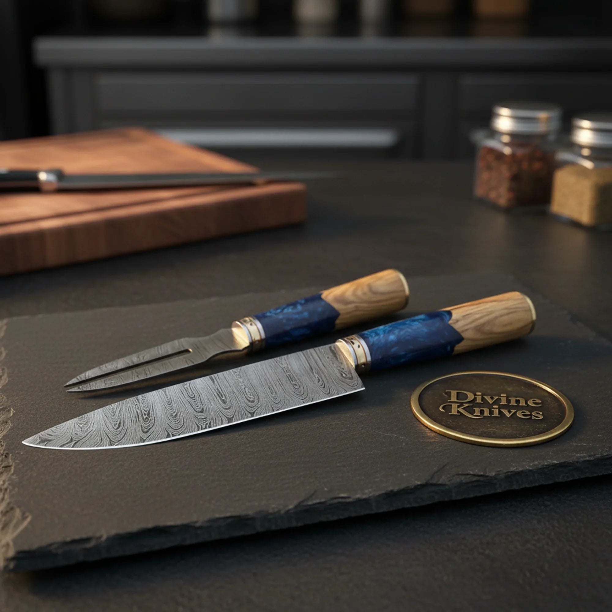 Blue Resin Olive Wood Chef Knife and Fork Set for Coordinated Carving and Serving