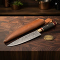 Black Wood Chef Knife with Red Spacer Accent and Brass Bolster for a Bold Kitchen Look
