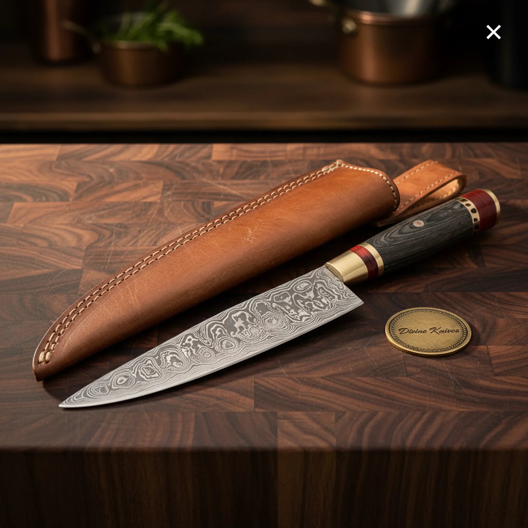 Black Wood Chef Knife with Red Spacer Accent and Brass Bolster for a Bold Kitchen Look