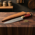Red Black Wood Handle Chef Knife with Brass Accents and Leather Sheath for Daily Cooking