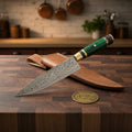 Green Wood Handle Chef Knife with Brass Bolster and Leather Sheath for a Vivid Kitchen Upgrade