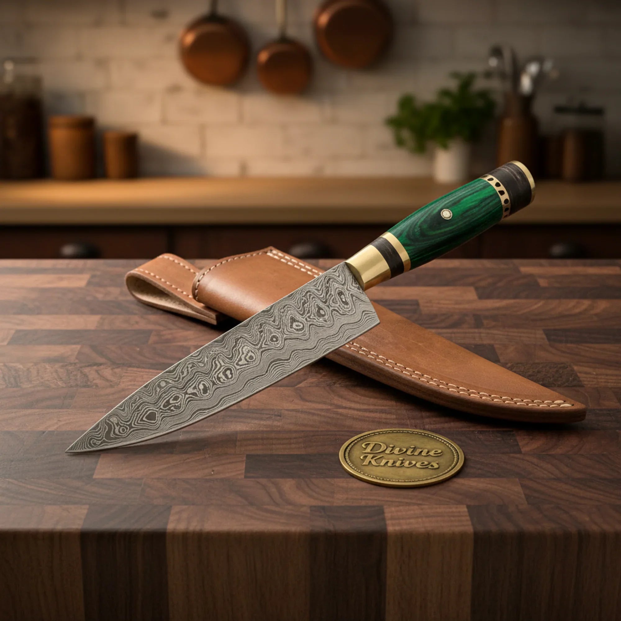 Green Wood Handle Chef Knife with Brass Bolster and Leather Sheath for a Vivid Kitchen Upgrade
