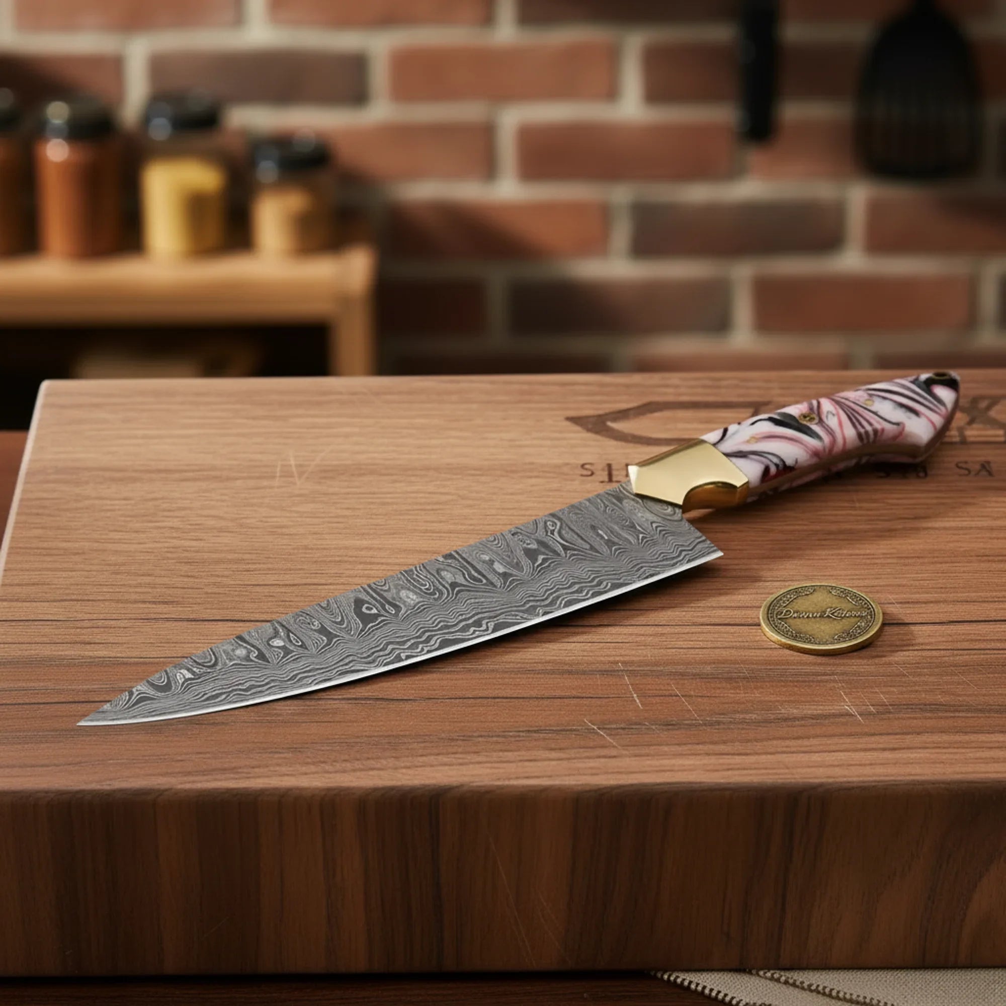 Handmade Chef Knife with Pink Resin Handle