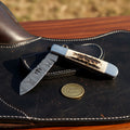 Damascus Trapper Folding Knife with Cross Cutout & Stag Handle – Handcrafted Everyday Carry (4-Inch Blade)