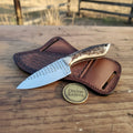 Stag Horn Cowboy Knife with Rasp Steel Blade & Basket-Weave Sheath