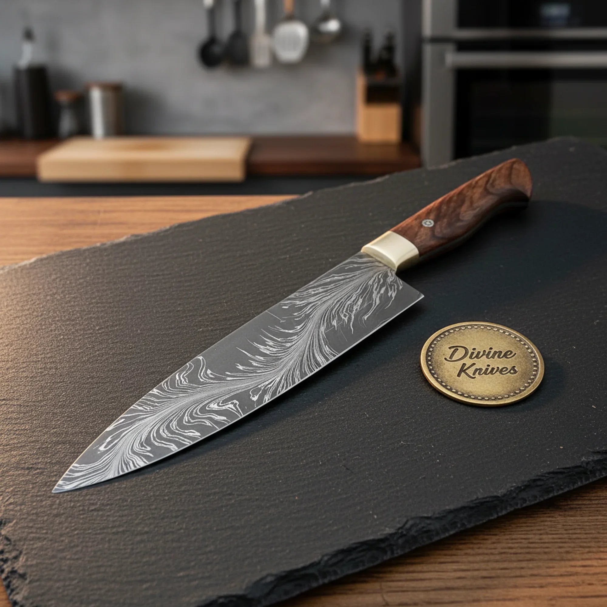 Feather Pattern Chef Knife with Wood Handle for Home Chefs