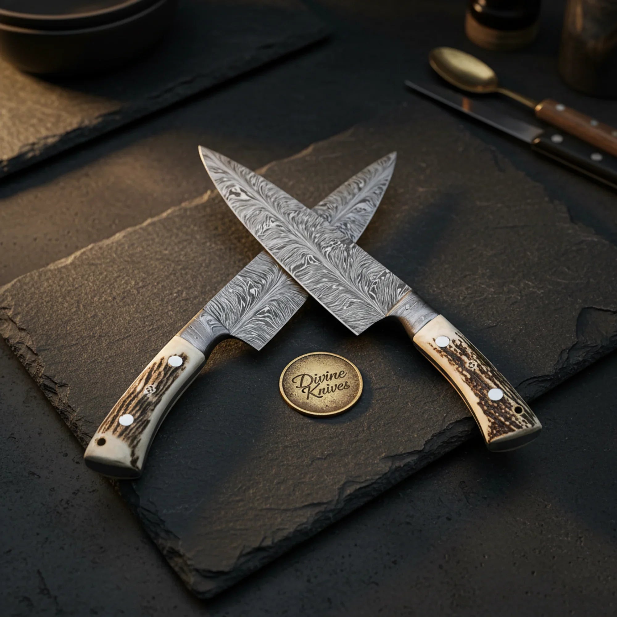 Twin Stag Handle Chef Knife Set with Feather Pattern Blades for Gifting