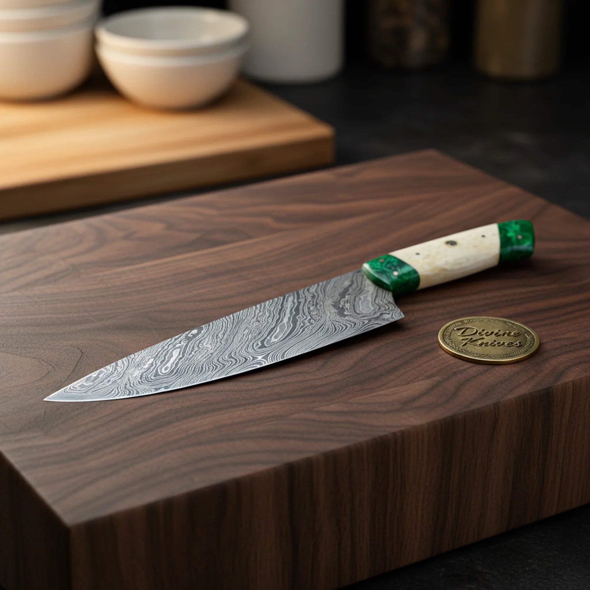 Bone & Malachite Handle Chef Knife with Green Stone for Daily Kitchen Prep