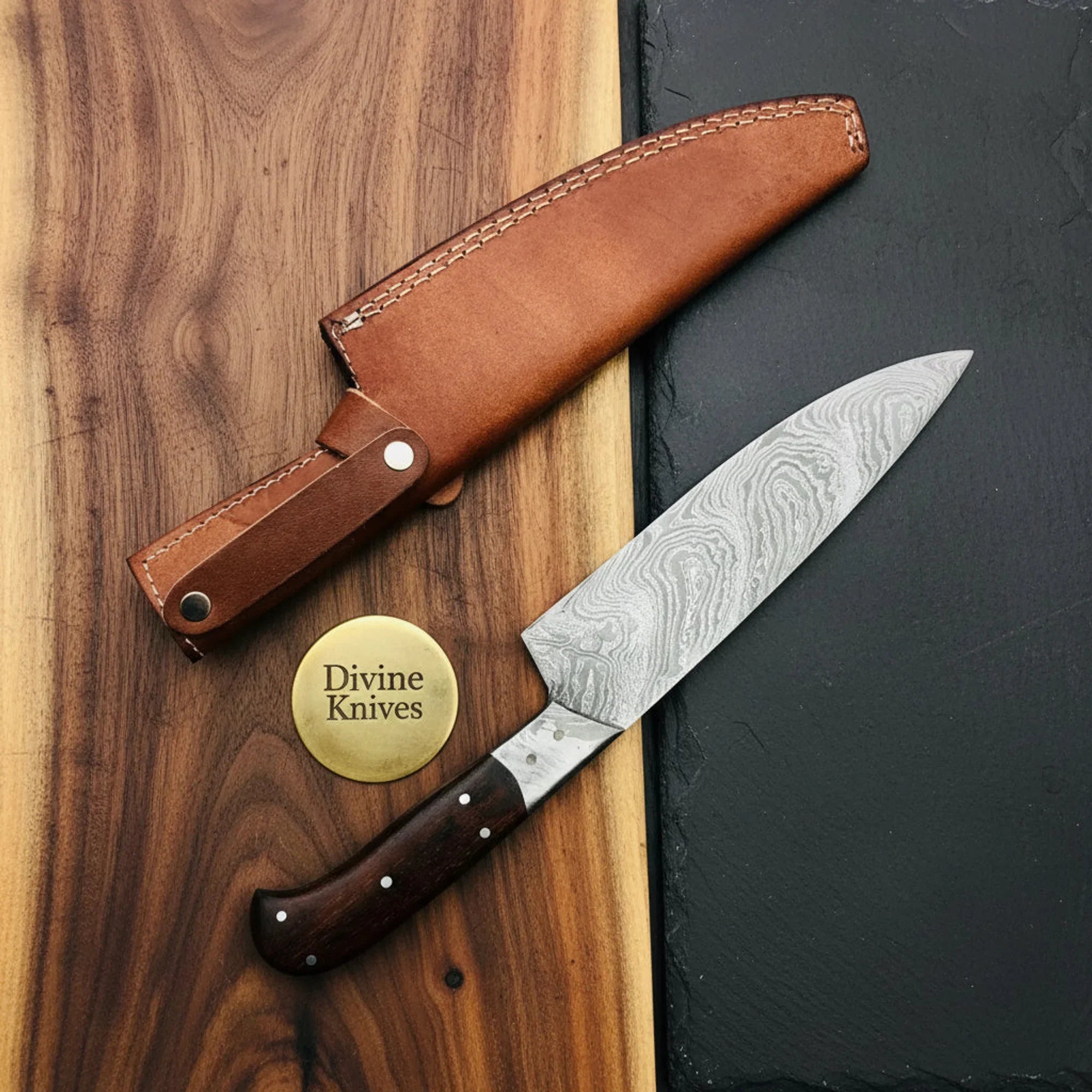 Rosewood Chef Knife with Tan Leather Sheath for Home Chefs