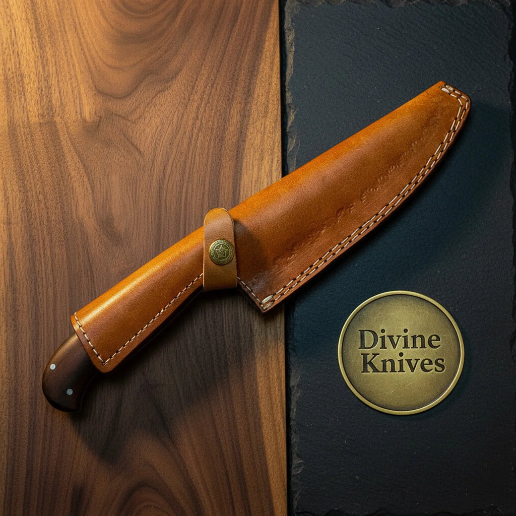 Rosewood Chef Knife with Tan Leather Sheath for Home Chefs