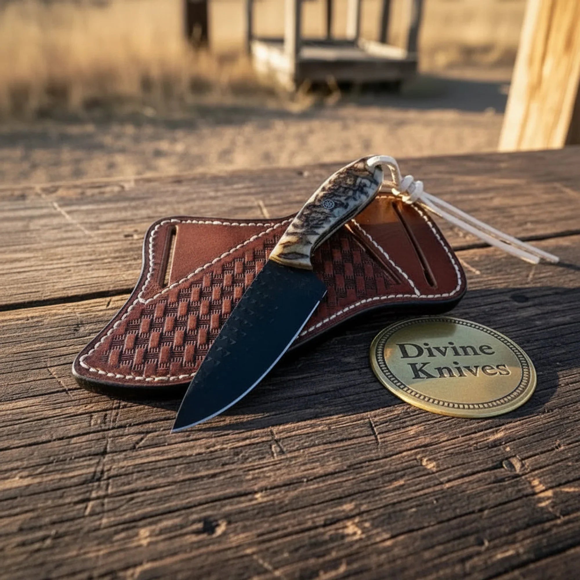 Ram Horn Cowboy Knife with Black-Coated Rasp Steel Blade – Rugged Outdoor Tool