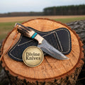 Copper Damascus Cowboy Knife with Stag Horn & Turquoise Spacer – Handcrafted Outdoor Tool
