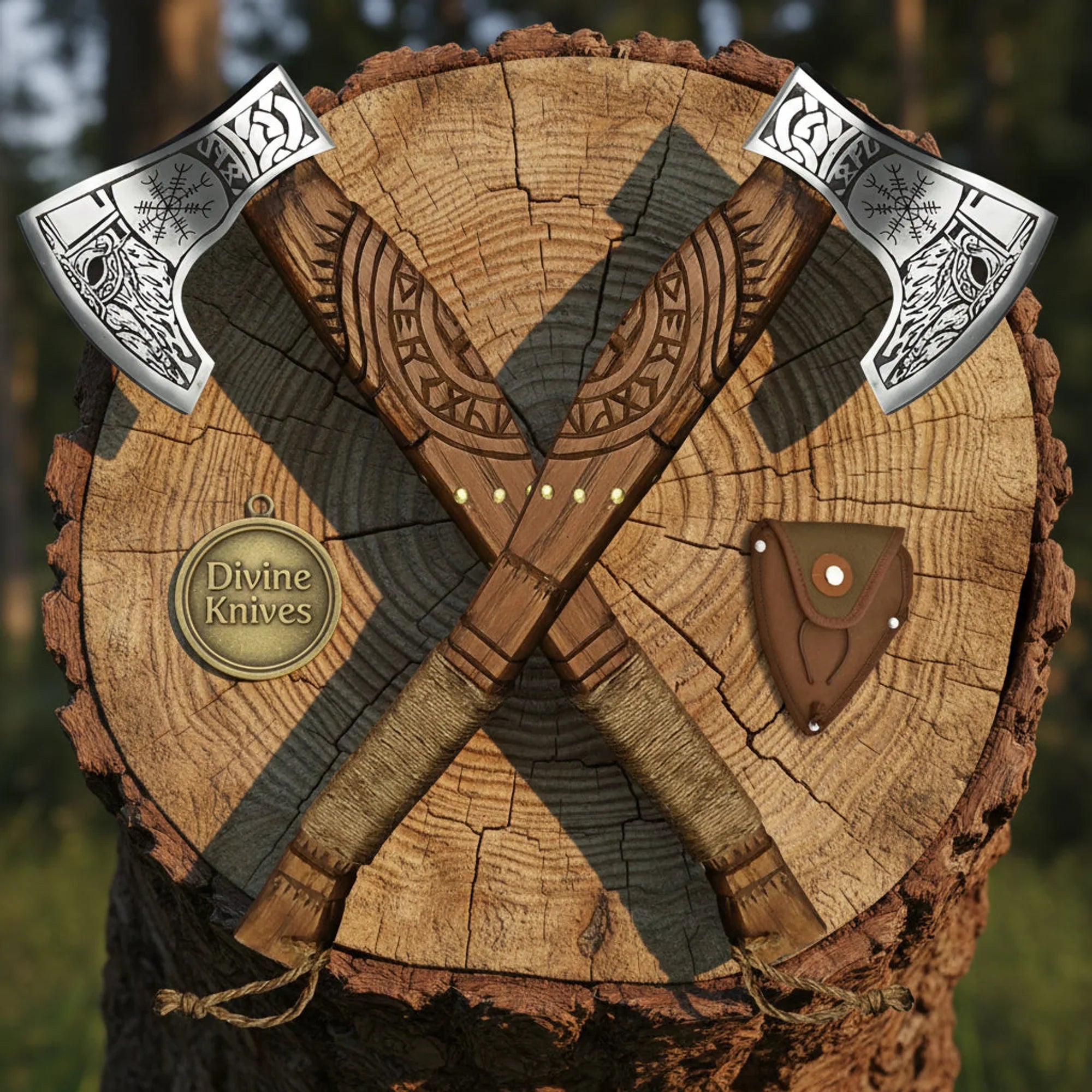 Wolf Head Viking Throwing Axe Pair with Rune Carved Handles