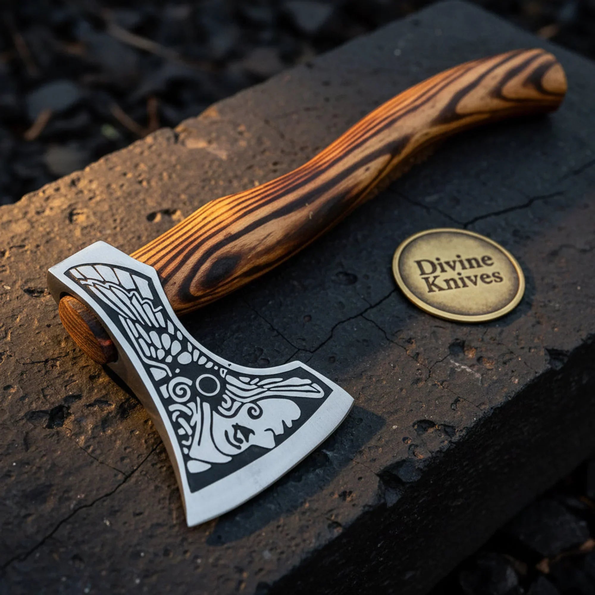 Valkyrie Etched Viking Axe with Wave Grain Wood Handle