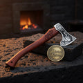 Floral Engraved Viking Axe with Stag Emblem and Carved Wood Handle